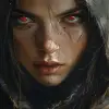 一个戴着兜帽、红眼睛的女人，以细致的铅笔风格，拉斐尔·拉科斯特（Raphael Lacoste），深银色和橙色，马克·西尔维斯特里（marc silvestri），英格丽德·巴尔（Ingrid baars），草图，充满情感的肖像--ar 1：2 --styleston 750 --v 6
