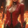 长着角和蝙蝠翅膀的美丽恶魔女人，玛加里·维伦纽夫风格的黑暗奇幻画，激烈而凶猛的面部表情，站在地狱火焰中央，全身人物概念艺术--ar 1：2 --styleston 750
