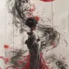 geisha woman in ink on white matte vinyl wall sticker, in the style of anton mauve, light pink and red, gabriele dell'otto, presentation of human form, traditional animation, flowing fabrics, trad