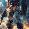 带有盾牌和武器的Rx-78-2高达插图，采用冈原邦夫风格，动漫，机动战士高达--ar 1：2 --styleston 750