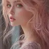 一位穿着粉色蕾丝连衣裙、一头粉色头发的女人，超现实主义和照片现实主义风格，UHD图像，柔焦现实主义，柔和的色彩，婴儿核心--ar 1：2 --q 2 --s 750