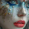 女人身上美丽的红色、蓝色和金色妆容，威尼斯场景风格，超现实的雕塑，深青色和白色，极光朋克--ar 1：2 --styminster 750 --v 6
