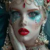 女人身上美丽的红色、蓝色和金色妆容，威尼斯场景风格，超现实的雕塑，深青色和白色，极光朋克--ar 1：2 --styminster 750 --v 6