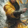 中国古代一位黑发、身穿黄色汉服的年轻武士在大雨中在海上作战，右手高举阻挡进攻，背景以乌云和强风为特色，营造出逼真的环境--ar 1：2 --styleston 750