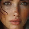 the face of a woman with brown eyes, in the style of yigal ozeri, light navy and light gray, patrick demarchelier, alayna lemmer, focus on joints/connections, caravaggism, studio light --ar 1:2 --styl