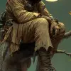 满月下，一个戴着兜帽的人物坐在一棵老树的边缘，一手拿着一把剑，奇幻艺术，深绿色配色，西蒙·比斯利的风格。--ar 1：2 --个性化2gwf 1 qc--styleum 750 --v 6.1