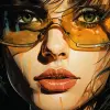 一幅注重细节的漂亮女人的彩色画作，采用理查德·菲利普斯（Richard Phillips）、谢泼德·费尔雷（Shepard Fairey）的风格，丝网印刷，深黄色和绿色，闪亮/光泽，马丁·安辛（Martin Ansin），平面设计海报艺术--ar 1：2 --styleum 750 --v 5.2