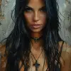 an oil painting of a woman with long black hair, in the style of mike deodato, contemporary middle eastern and north african art, charming character illustrations, gray and amber, dmitri danish, digit