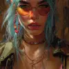 a girl with blue hair and sunglasses in colorful colors, in the style of hyper-detailed illustrations, dark pink and light green, marvel comics, soft tonal shifts, aesthetic, green and amber, smooth l