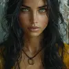 an oil painting of a woman with long black hair, in the style of mike deodato, contemporary middle eastern and north african art, charming character illustrations, gray and amber, dmitri danish, digit