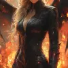 长着角和蝙蝠翅膀的美丽恶魔女人，玛加里·维伦纽夫风格的黑暗奇幻画，激烈而凶猛的面部表情，站在地狱火焰中央，全身人物概念艺术--ar 1：2 --styleston 750