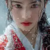 the girl is wielding a sword in the background, in the style of xiaofei yue, ethereal images, light white and red, colorful costumes, movie still, weathercore, dynamic and action-packed --ar 1:2 --sty