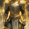 金色和白色背景上穿着盔甲的金色骑士的水彩插图，色彩鲜艳，色彩丰富，具有灯光效果的电影风格中高度细节的奇幻艺术风格，具有高细节的史诗构图以广角方式展示了骑士的全身镜头水彩泼溅，详细，笔触，游戏封面的概念艺术，高分辨率和清晰的焦点--ar 1：2 --stylege 750