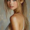 celebrity portrait painting of a beautiful woman with long light brown hair, wearing a backless outfit, looking over her shoulder at the painter, in the style of beautiful portraits, casual flirty smi
