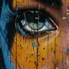 the girl's face in an artistic cartoon style, in the style of pop art-inspired comic book style, trompe-l'œil illusionistic detail, iconic rock and roll imagery, dark sky-blue and light bronze