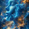 一个具有空间灵感纹理和朦胧蓝色背景的女人的头，以碎片主义风格，明星艺术团体（xing xing），流体形成，uhd图像，令人费解的雕塑，令人费解的壁画，充满能量的插图--ar 63：128 --styleum 750 --v 6