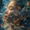 一个具有空间灵感纹理和朦胧蓝色背景的女人的头，以碎片主义风格，明星艺术团体（xing xing），流体形成，uhd图像，令人费解的雕塑，令人费解的壁画，充满能量的插图--ar 63：128 --styleum 750 --v 6