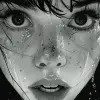 黑色和白色的女孩画，恐怖漫画风格，Bill sienkiewicz，动画GIF，草间弥生，低俗漫画，激烈的特写，Becky Cloonan --ar 62：121 --styleston 750 --v 6