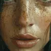 一个长着绿眼睛的女人的照片，以详细的漫画艺术风格，深琥珀色和金色，特写，点缀，自然主义调色板，染色/洗涤，DC漫画--ar 65：128 --styleum 750 --v 6