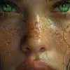 一个长着绿眼睛的女人的照片，以详细的漫画艺术风格，深琥珀色和金色，特写，点缀，自然主义调色板，染色/洗涤，DC漫画--ar 65：128 --styleum 750 --v 6
