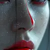 一个化着红眼妆的女人，作品风格受日本风影响，daz 3d，黑白精通，日本风格的艺术，浅灰色和红色，独特的鼻子，敏锐的焦点--ar 69：128 --styleston 750 --v 6