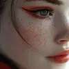 一个化着红眼妆的女人，作品风格受日本风影响，daz 3d，黑白精通，日本风格的艺术，浅灰色和红色，独特的鼻子，敏锐的焦点--ar 69：128 --styleston 750 --v 6