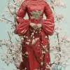 一位穿着红色服装的女性站立，淡青色和金色，数字处理图像，球形雕塑，巴洛克肖像，混合图案，--ar 69：128