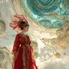 一位穿着红色服装的女性站立，淡青色和金色，数字处理图像，球形雕塑，巴洛克肖像，混合图案，--ar 69：128