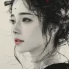 一位令人惊叹的日本女性的日本水墨画，侧面视图，仅面部，传统服装--ar 68：128 --styminster 750 --v 6