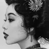 一位令人惊叹的日本女性的日本水墨画，侧面视图，仅面部，传统服装--ar 68：128 --styminster 750 --v 6