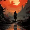 夜晚的武士持剑，丝网印刷风格，史诗般的奇幻场景，漫画，浅黑色和红色，火核，万圣节，地平线--ar 68：128 --styminster 750 --v 5.2