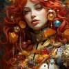 a woman dressed as a clown with red hair, in the style of magical girl, colorful moebius, light yellow and dark crimson, pencilsteampunk, kintsukuroi, loose and fluid, stylish costume design --ar 68:1