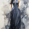 女人的形体漂浮在烟雾中的图像上，水墨画的风格，优美的曲线，浅灰色和靛蓝色，错综复杂的服装，柔和飘逸的构图，流动的形式，浅黑色和青铜色--ar 68：128 --styminster 750 --v 5.2
