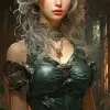 Dnd 5e女精灵的新艺术绘画，美丽的面孔，银色的头发，绿色的斗篷，苗条的身材，幻想的背景，高清幻想艺术--ar 68：128 --styminster 750 --v 5.2