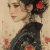 一位令人惊叹的日本女性的日本水墨画，侧面视图，仅面部，传统服装--ar 68：128 --styminster 750 --v 6