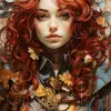 a woman dressed as a clown with red hair, in the style of magical girl, colorful moebius, light yellow and dark crimson, pencilsteampunk, kintsukuroi, loose and fluid, stylish costume design --ar 68:1