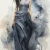 女人的形体漂浮在烟雾中的图像上，水墨画的风格，优美的曲线，浅灰色和靛蓝色，错综复杂的服装，柔和飘逸的构图，流动的形式，浅黑色和青铜色--ar 68：128 --styminster 750 --v 5.2