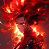 An illustration of a fierce character with fiery red hair, in the style of Molecular, Al Capp, intense and powerful, photo-enhanced, cyberpunk genre, fiery red --ar 48:85 --niji 5
