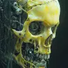 黄色荧光色控制论头骨的高度详细图像，结合了有机元素和机器元素，头骨部分覆盖着半透明的白色面具，而复杂的机械部件、电线和连接器填充了下半部分，暗示着先进的技术与人类元素相结合，背景是黑暗的，将所有注意力集中在控制论的怪异而迷人的细节上，现实的，UHD，专家，超分辨率--ar 9：16