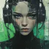 艺术，油画，上半身正视图，女孩机器人，重画笔风格，眼睛凝视，反乌托邦，以绿色和黑色为主的配色方案-ar 9：16 -原始风格