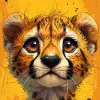 插图，卡通风格，可爱的猎豹脸，放大，富有表情的眼睛和俏皮的举止，厚实的轮廓，圆润的五官和年轻的外表，坚实的充满活力的黄色背景，猎豹的皮毛应该是浓郁的金色，带有明显的黑点，淡淡的微笑和胡须以增强--ar 9：16 --风格原始--stylege 500 --v 6
