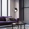 high resolution photography, minimalism, front shot, living room, full-frame DSLR camera, the color of the space is limited to black and grey, contemporary sphere design floor stand light, minimalist 