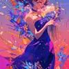 A picture of a beautiful woman holding a vibrant flower, high details, elegant appearance, dancing on a meadow, Multibrot style, vibrant and colorful focus portrait, pink and purple colors --ar 9:16 -