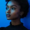 photography, concept image, candid shot, model is black and white and the background is colored, upper body, camera frame held below the model's eyes, visual power of contrast, woman model, solid 