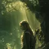 女指环王战士精灵坐在洛斯洛里安的一棵树下，注视着并期待着即将到来的攻击，专注、关心和勇敢，她的弓和箭已做好战斗的准备，天很黑，但一些阳光穿过树木，深绿色色调，高度逼真，照片逼真，--ar 9：16 -s 300 --v6
