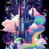 一幅异想天开的插图，以童话主题，以魔杖、城堡、独角兽为背景，以云彩为背景，网格，加里·潘特（Gary Panter）绘制，哑光黑、vantablack和石板灰，配有夜总会灯光，虚幻引擎--q2--ar 9：16 --niji 5