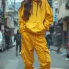 摄影，28岁女性，职业模特，自然姿势，穿着小文本标志，衣服染色战术宽松卡车司机夹克搭配黑色连帽衫，慢跑裤，黄色Yeezy boost 350，在主干道的街道人行横道上，佳能EOS-1D Mark III，将捕捉上衣和裤子的形式和细节，大量路人，长时间曝光，真实感，真实感光--ar 9：16 --style raw --styminster 750 --v 6