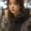 用手自拍，Instagram风格，一位年轻的韩国女性和男孩职业模特自拍，可爱的脸，在购物中心自动扶梯上，穿着小文本标志和灰色战术极简主义胸部大口袋开衫搭配黑色连帽衫的女性，穿着小文本标志牛仔卡车夹克搭配灰色连帽衫，二手相机是iPhone pro 15，逼真，真实感阳光--ar 9：16 --style raw --styminster 600 --v 6