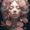 梦幻、宁静的动漫脸，周围环绕着精致的花朵和柔软的花瓣，拉斐尔派，早春，3D，物质文化风格，作者：Michal Karcz，干净的黑色背景--v 5.1 --ar 9：16