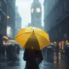 3d render, cinematic, candid view, heavy fog with rain, yellow umbrella with woman, london, ultra realistic, 32K UHD resolution, riched detail --ar 9:16